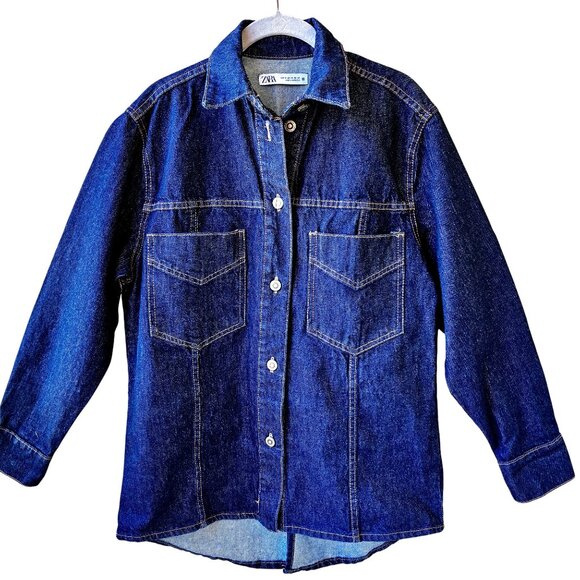 Zara Button Front Long Sleeve Collared Jean Jacket Blue Womens Extra Small XS - Picture 11 of 15
